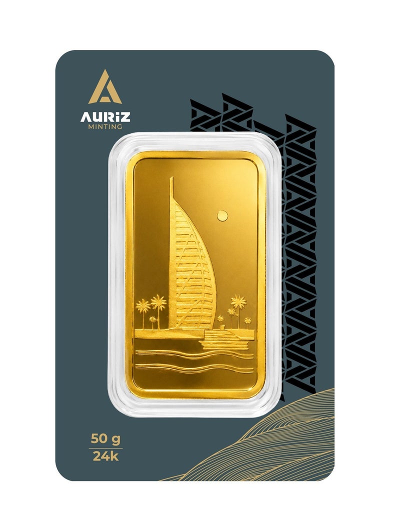 أوريز سك مجوهرات ريزان - سكة ذهب عيار 24 وزن 50 غرام بتصميم برج العرب (مع فاتورة) - Image 1