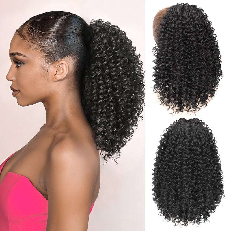 ZAVIDE Ponytail For Black Women Drawstring Ponytail Curly Hair Short Ponytail Extension Pony tails Drawstring Hair Pieces Human Hair Feeling For Daily Use (#1B) - Image 1