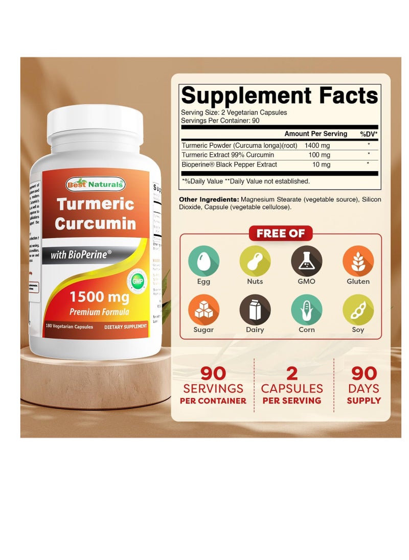 Best Naturals Turmeric Curcumin 1500mg/Serving with Bioperine - 180 Veggie Capsules  - Image 4