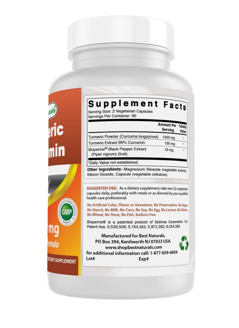 Best Naturals Turmeric Curcumin 1500mg/Serving with Bioperine - 180 Veggie Capsules  - Image 2