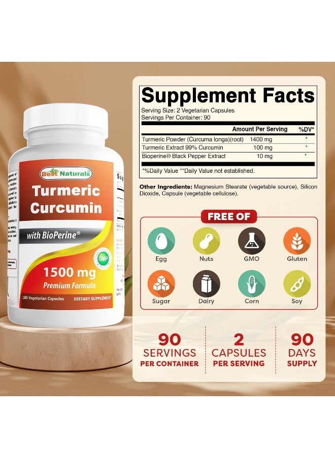 Best Naturals Best Naturals Turmeric Curcumin 1500mg/Serving with Bioperine - 180 Veggie Capsules  - Image 2