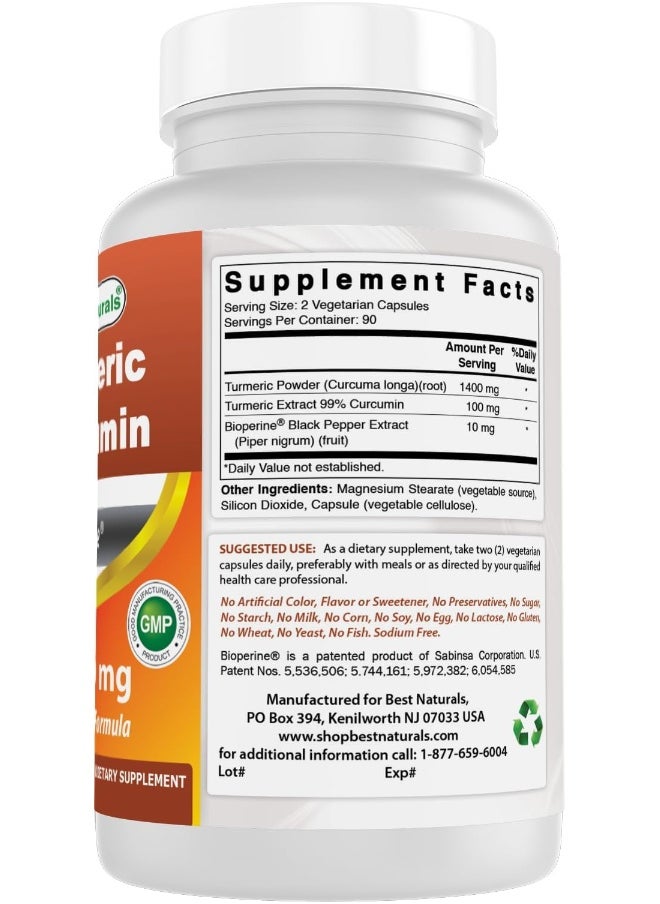 Best Naturals - Best Naturals Turmeric Curcumin 1500mg/Serving with Bioperine - 180 Veggie Capsules - Image 1
