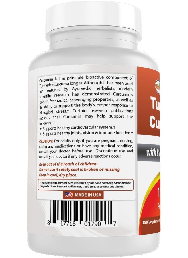 Best Naturals - Best Naturals Turmeric Curcumin 1500mg/Serving with Bioperine - 180 Veggie Capsules - Image 1