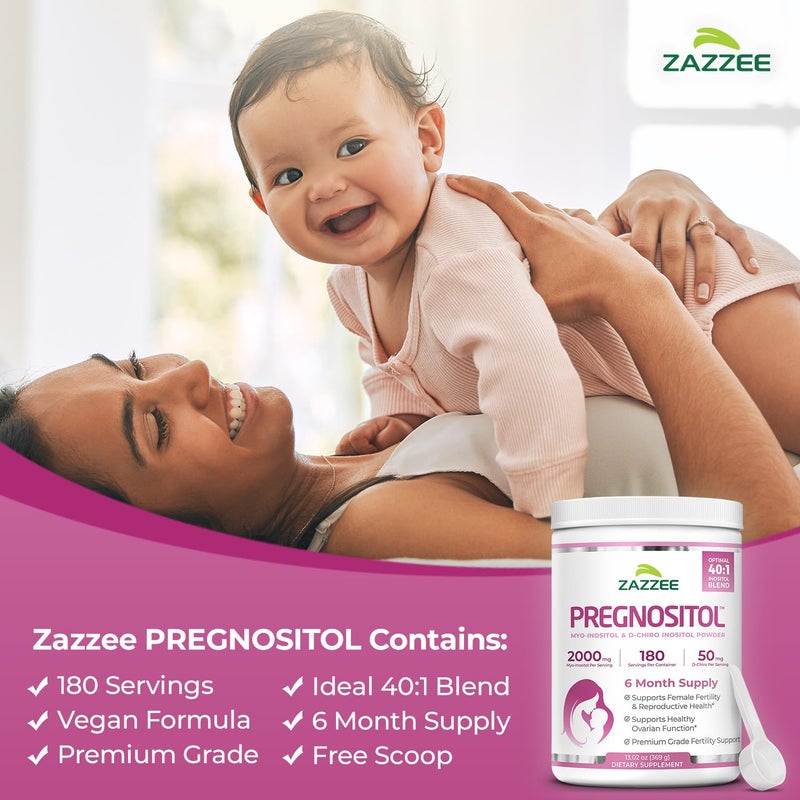 Zazzee PREGNOSITOL Powder, 6 Month Supply, Myo-Inositol and D-Chiro-Inositol 40:1 Fertility Blend, Free Scoop for Exact Dosage, Premium Balanced Formula, 183 Servings, Vegan, All-Natural and Non-GMO - Image 3