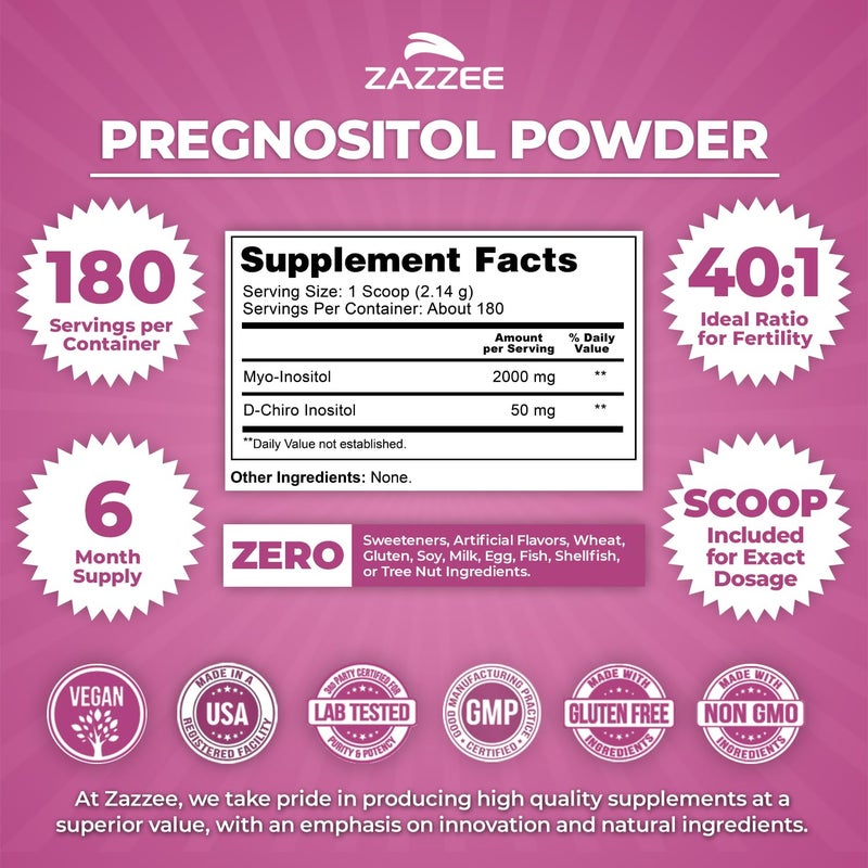 Zazzee PREGNOSITOL Powder, 6 Month Supply, Myo-Inositol and D-Chiro-Inositol 40:1 Fertility Blend, Free Scoop for Exact Dosage, Premium Balanced Formula, 183 Servings, Vegan, All-Natural and Non-GMO - Image 2