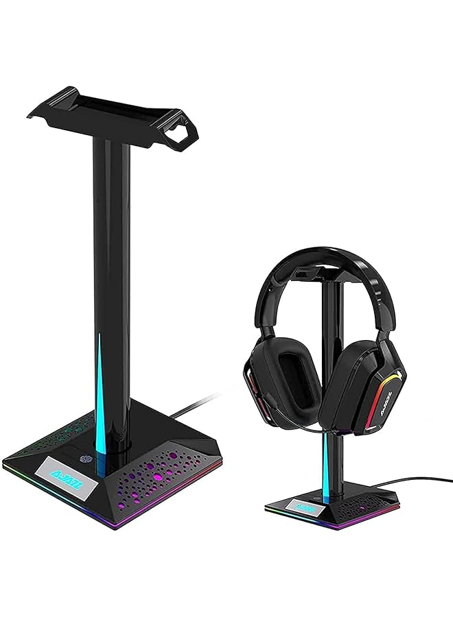 Arabest Rgb Gaming Headset Stand With 3.5Mm Aux And 2 Usb Ports Touch Control 10 Lighting Modes Headset Stand For Pc Gamers Desktop Accessories Black  - Image 1