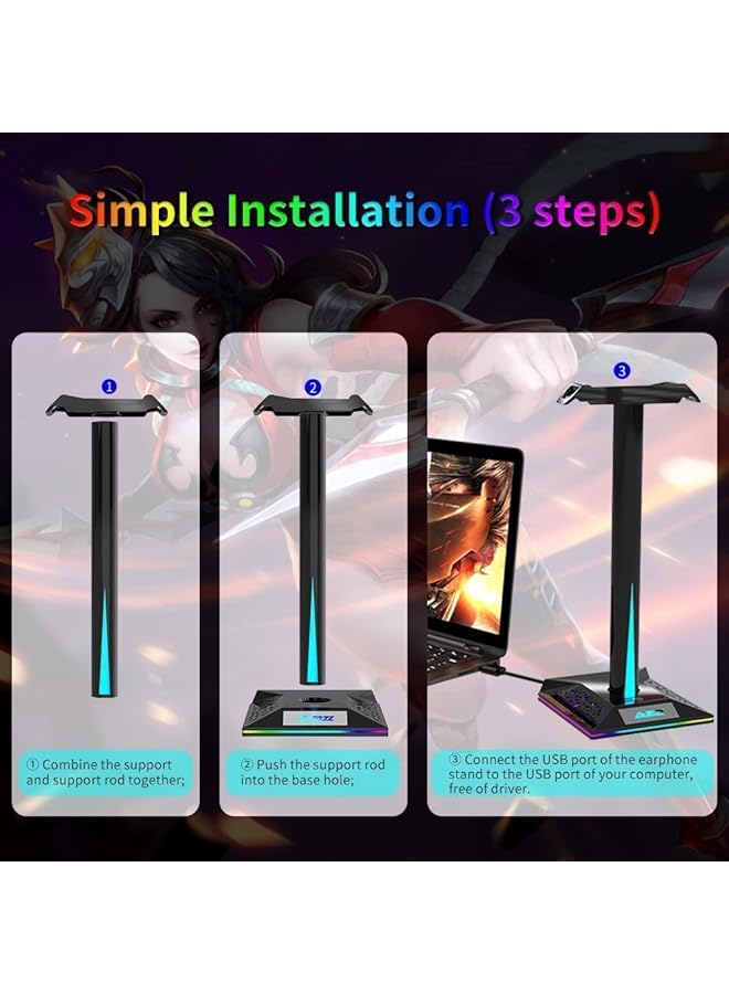 Arabest Rgb Gaming Headset Stand With 3.5Mm Aux And 2 Usb Ports Touch Control 10 Lighting Modes Headset Stand For Pc Gamers Desktop Accessories Black  - Image 4