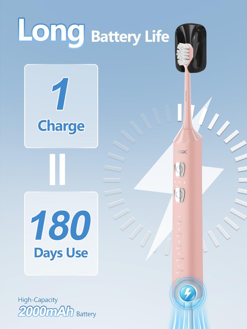 7MAGIC Sonic Electric Toothbrush for Adults and Kids - Up to 180 Days Runtime, 42000 VPM Powered Toothbrush, 5 Modes & 3 Intensities for Sensitive Teeth & Braces, Includes 8 Brush Heads, Pink - Image 2