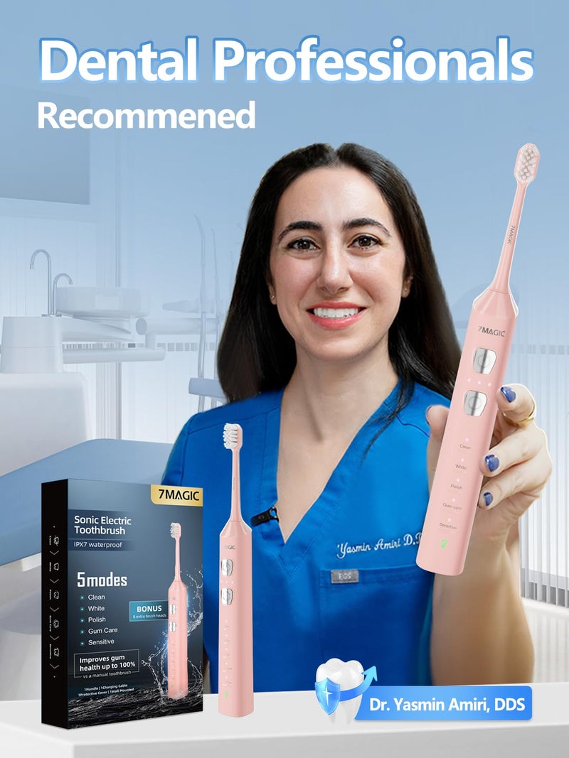 7MAGIC Sonic Electric Toothbrush for Adults and Kids - Up to 180 Days Runtime, 42000 VPM Powered Toothbrush, 5 Modes & 3 Intensities for Sensitive Teeth & Braces, Includes 8 Brush Heads, Pink - Image 3