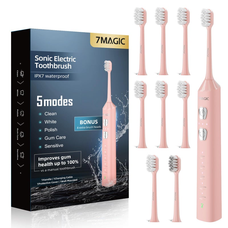 7MAGIC Sonic Electric Toothbrush for Adults and Kids - Up to 180 Days Runtime, 42000 VPM Powered Toothbrush, 5 Modes & 3 Intensities for Sensitive Teeth & Braces, Includes 8 Brush Heads, Pink - Image 1