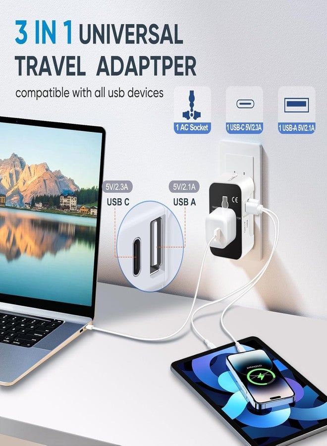 rts Universal Travel Adapter - Type C USB-C, 3-in-1 Universal Adapter Plug, Travel Accessory With 1 USB-C, 2.4A, All-In-One For Phone, Laptop, Mobile, Tablet, White - Image 2