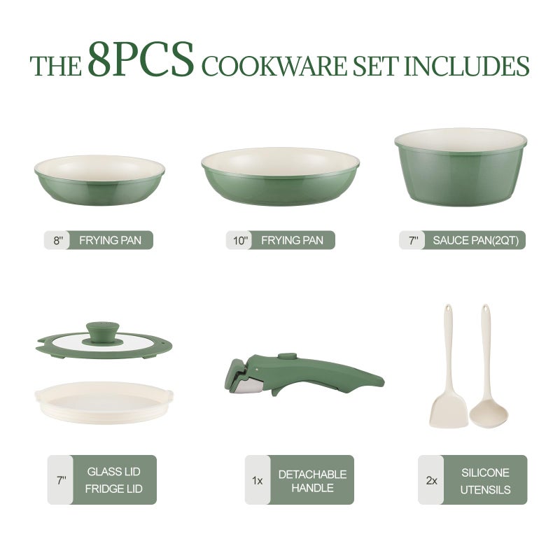 Coicur Ceramic Cookware Set Non Stick 8Pcs Pots and Pans Set Detachable Handle Induction Kitchen Cooking Set with Frying Pans Oven Dishwasher Safe, PFAS/PFOA Free, Forest Green - Image 2