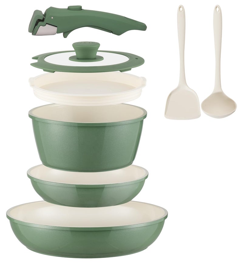 Coicur Ceramic Cookware Set Non Stick 8Pcs Pots and Pans Set Detachable Handle Induction Kitchen Cooking Set with Frying Pans Oven Dishwasher Safe, PFAS/PFOA Free, Forest Green - Image 1