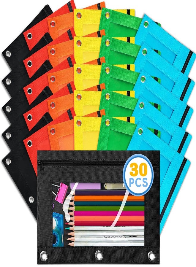 Ochido Pencil Pouch for 3 Ring Binder,Bulk,30 Pack in Assorted Colors,Sturdy and Durable Zipper Pencil Case with Clear Window,3-Hole Binder Cloth Pencil Bag for Storing School Office Supplies - Image 1