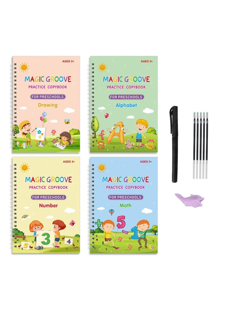 TEGRILO Handwriting Copybook Magic Calligraphy Practice Book For Kids,Reusable Tracing Practice kit.Included Easy Grip Pen u0026 Refill 4 books Math Numbers English Alphabet Drawing (A4) - Image 1