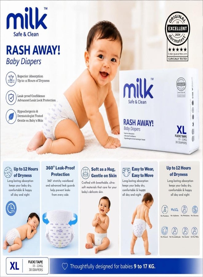 Milk Diaper Milk Baby Diapers XL Size (15–22 kg) – 30 Count | Flexi Tape Closure | Super Absorbent, Leakproof & Soft for Sensitive Skin - Image 1