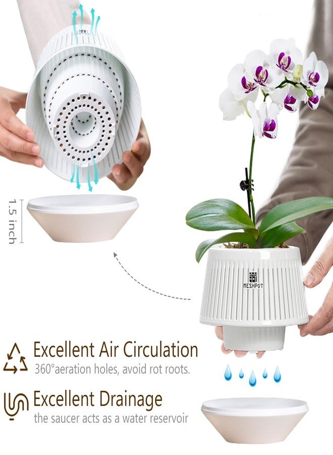 Meshpot 5 inch Orchid Pots with Holes for Repotting,Set of 1,Decorative Orchid Planter with Air-Pruning and Good Air Circulation,Plastic White Orchid Container with Saucers - Image 3
