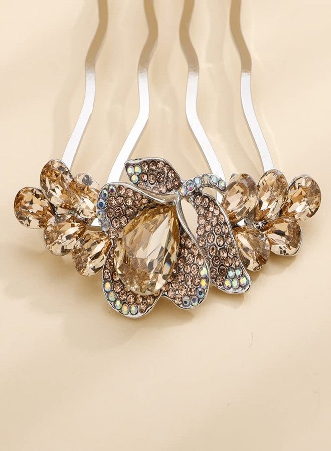 Jumwrit Wedding Crystal Flower Floral Hair Comb Silver Rhinestone Teardrop Hair Side Comb Vintage Bride Bridesmaid Headpiece Bridal Jewelry Hair Clip Comb for Women Girls(Champagne) - Image 5