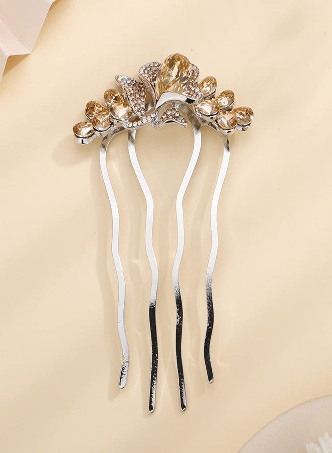 Jumwrit Wedding Crystal Flower Floral Hair Comb Silver Rhinestone Teardrop Hair Side Comb Vintage Bride Bridesmaid Headpiece Bridal Jewelry Hair Clip Comb for Women Girls(Champagne) - Image 3