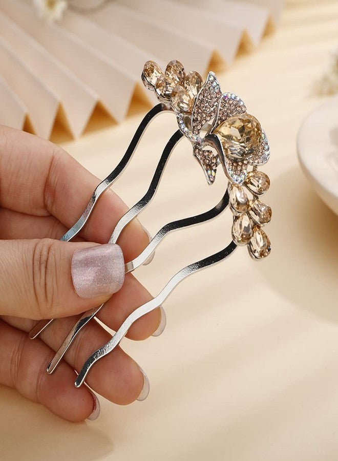 Jumwrit Wedding Crystal Flower Floral Hair Comb Silver Rhinestone Teardrop Hair Side Comb Vintage Bride Bridesmaid Headpiece Bridal Jewelry Hair Clip Comb for Women Girls(Champagne) - Image 2