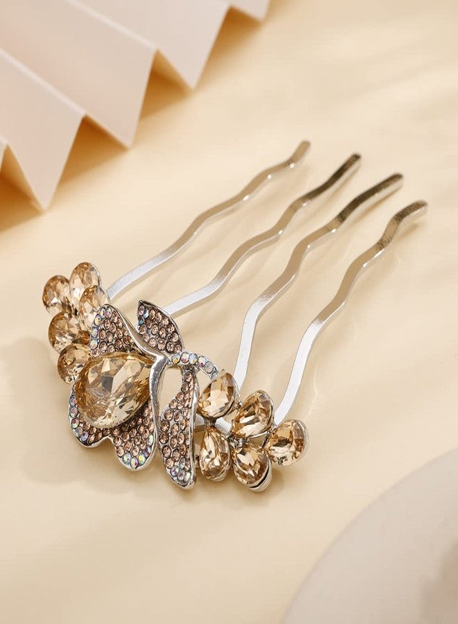 Jumwrit Wedding Crystal Flower Floral Hair Comb Silver Rhinestone Teardrop Hair Side Comb Vintage Bride Bridesmaid Headpiece Bridal Jewelry Hair Clip Comb for Women Girls(Champagne) - Image 4