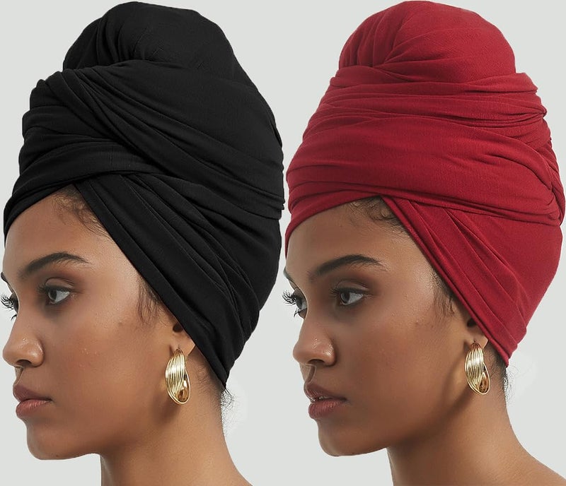 corciova Black Carnelian 2 Pcs Long Soft Head Wrap Turban Headband for Black Women Two Way Stretch Fashion African Head Covering Jersey Hijab Scarf - Image 3