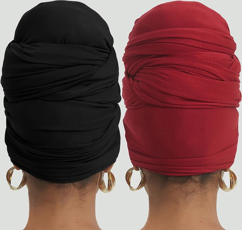 corciova Black Carnelian 2 Pcs Long Soft Head Wrap Turban Headband for Black Women Two Way Stretch Fashion African Head Covering Jersey Hijab Scarf - Image 4