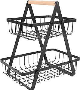 FreshDcart Double Layer Kitchen Fruit Holder Rack Vegetable Basket with Wood Handle for Home Kitchens Black - Image 1