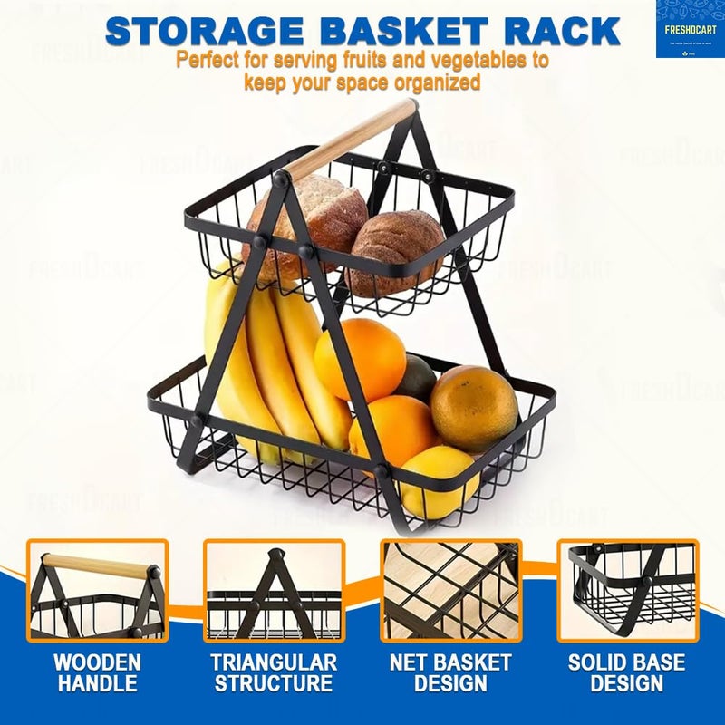 FreshDcart Double Layer Kitchen Fruit Holder Rack Vegetable Basket with Wood Handle for Home Kitchens Black - Image 4