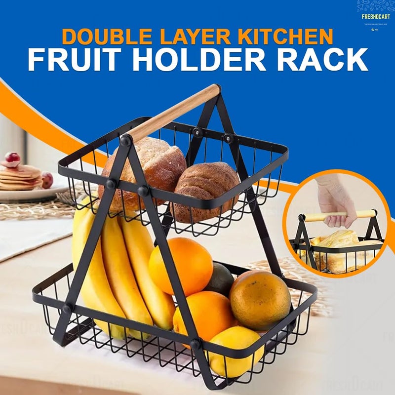 FreshDcart Double Layer Kitchen Fruit Holder Rack Vegetable Basket with Wood Handle for Home Kitchens Black - Image 3