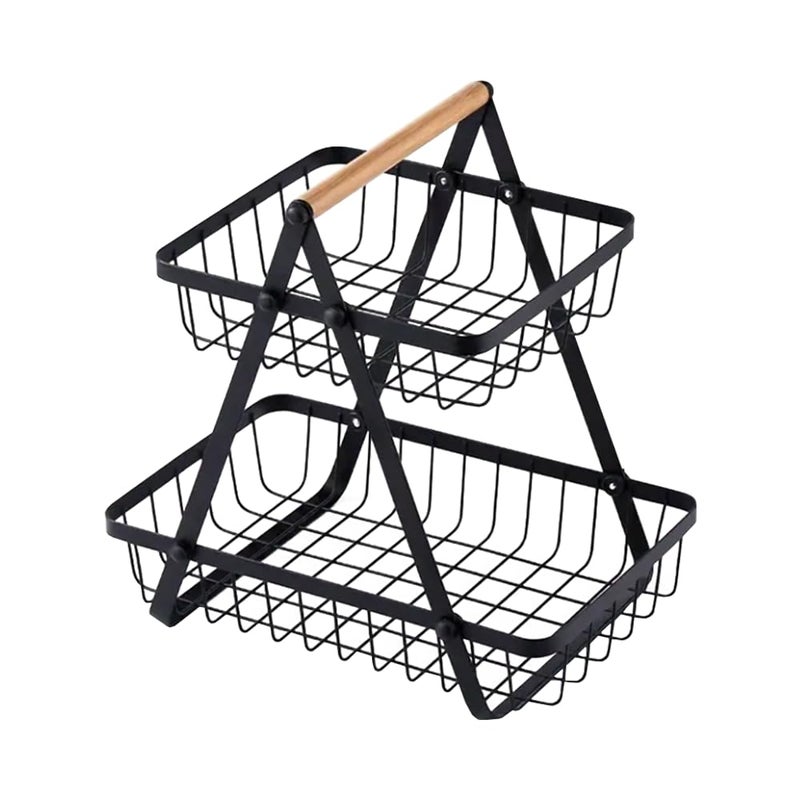 FreshDcart Double Layer Kitchen Fruit Holder Rack Vegetable Basket with Wood Handle for Home Kitchens Black - Image 2