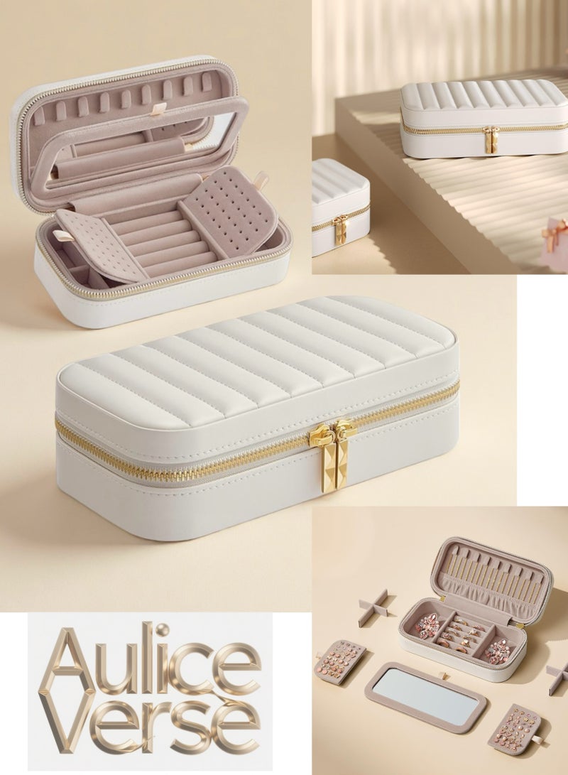 AuliceVerse Travel Jewelry Box for Women PU Leather Multi Function Organizer with Mirror Earring Holder Storage Compartments Compact Display Case for Girls - Image 1