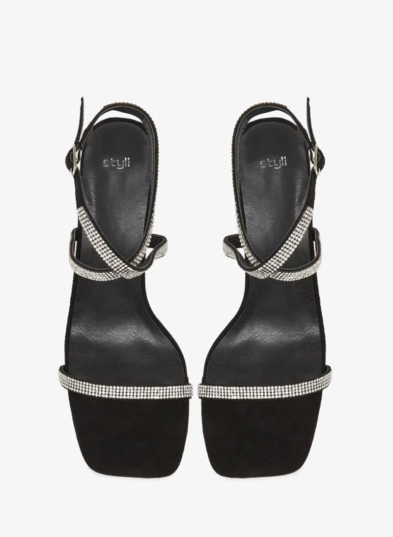 Styli  Women Black Embellished Ankle Strap Sandals for Women | Best Price UAE