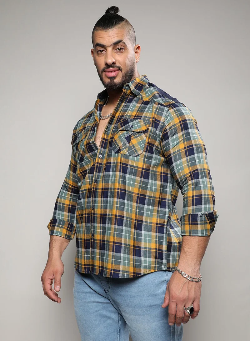 Instafab Plus Instafab Plus Men's Cyan Blue & Mustard Yellow Tartan Plaid Shirt For Casual Wear | Spread Collar | Long Sleeve | Button Closure | Cotton Shirt Crafted With Comfort Fit For Everyday Wear