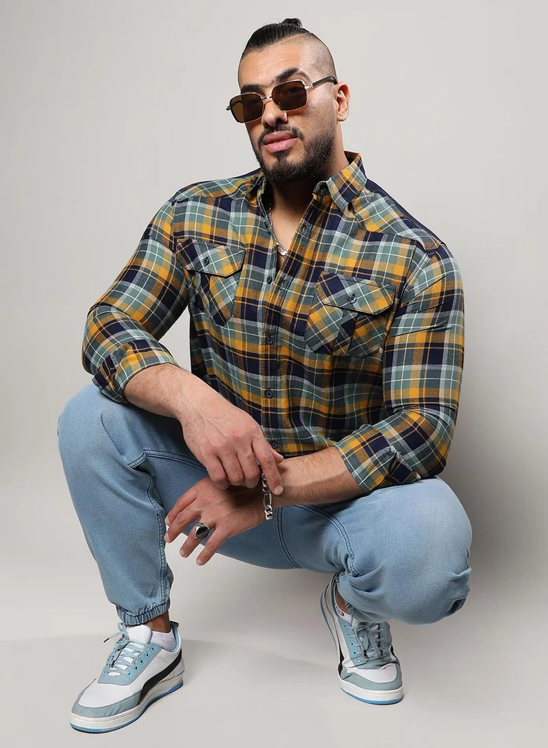 Instafab Plus Instafab Plus Men's Cyan Blue & Mustard Yellow Tartan Plaid Shirt For Casual Wear | Spread Collar | Long Sleeve | Button Closure | Cotton Shirt Crafted With Comfort Fit For Everyday Wear