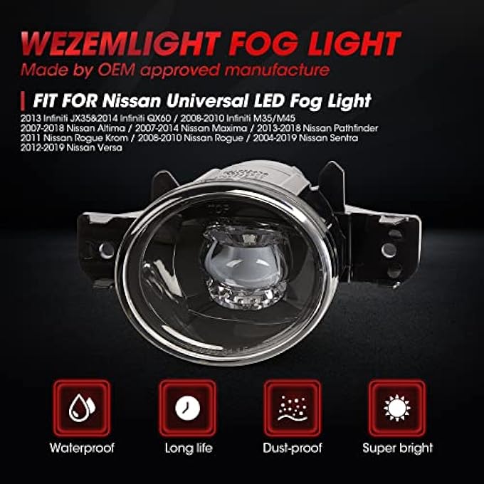 WEZEMLIGHT New Version Led Fog Light Replacement For 20042018 Nissan Sentra 1114 Nissan Maxima07Up Altima Sedan 1416 Rogue 0810 Infiniti M35M451011 G37 1Pair Includes Harness Switches - Image 5