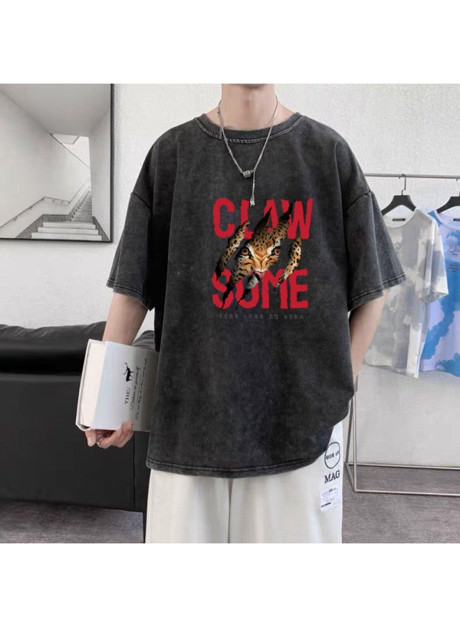 Heavyweight Pure Cotton American Vintage Distressed Print T-shirt, Can Be Worn Up To 300 Pounds, Loose Fit Vintage Washed Distressed T-shirt