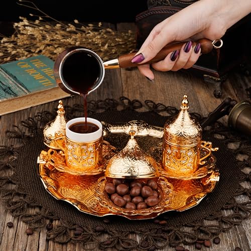 DEMMEX Turkish Greek Arabic Coffee Making and Serving Full Set with Cups Saucers Lids Sugar Bowl Tray and Copper Coffee Pot, Hand Decorated with Gold Crystals, 12 Pcs (Gold) - Image 3