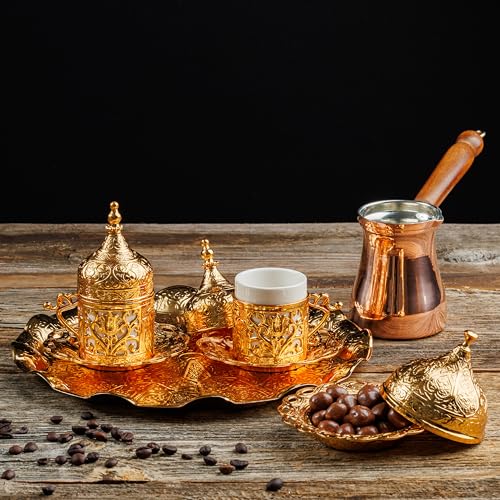 DEMMEX Turkish Greek Arabic Coffee Making and Serving Full Set with Cups Saucers Lids Sugar Bowl Tray and Copper Coffee Pot, Hand Decorated with Gold Crystals, 12 Pcs (Gold) - Image 2