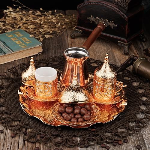 DEMMEX Turkish Greek Arabic Coffee Making and Serving Full Set with Cups Saucers Lids Sugar Bowl Tray and Copper Coffee Pot, Hand Decorated with Gold Crystals, 12 Pcs (Gold) - Image 4