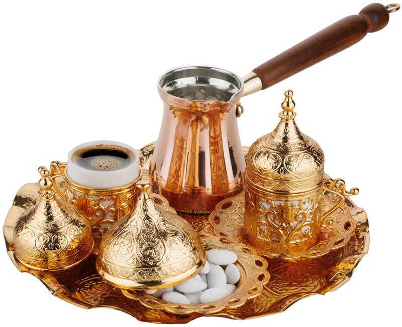 DEMMEX Turkish Greek Arabic Coffee Making and Serving Full Set with Cups Saucers Lids Sugar Bowl Tray and Copper Coffee Pot, Hand Decorated with Gold Crystals, 12 Pcs (Gold) - Image 1