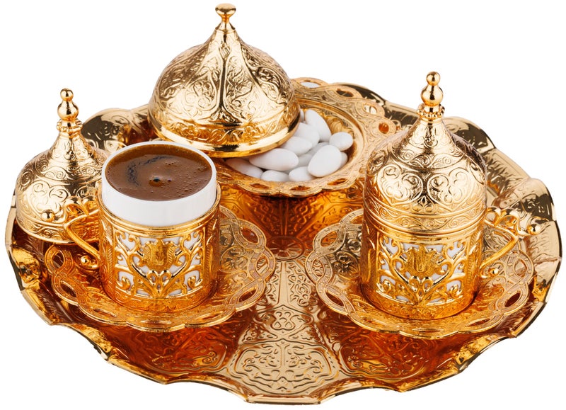 DEMMEX Turkish Greek Arabic Coffee Making and Serving Full Set with Cups Saucers Lids Sugar Bowl Tray and Copper Coffee Pot, Hand Decorated with Gold Crystals, 12 Pcs (Gold) - Image 5