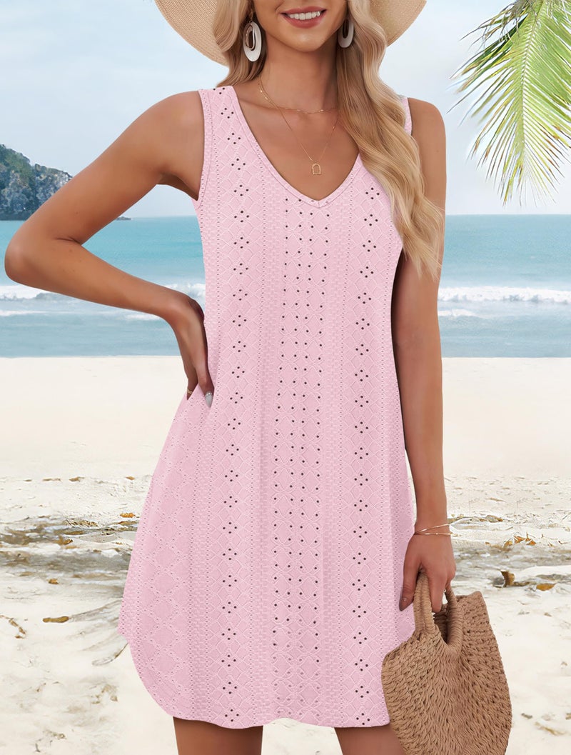 Aokosor Bathing Suit Cover Up for Women Summer Dresses 2025 Loose V Neck Sleeveless Dress Sundresses Eyelet Pink L - Image 3