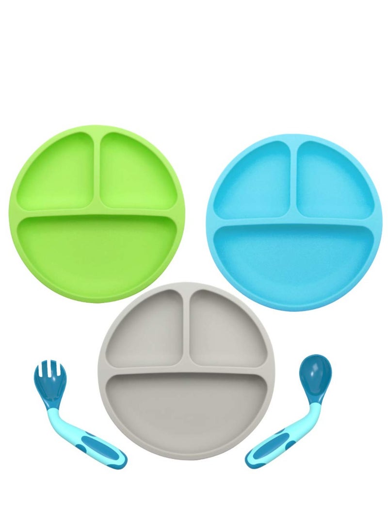 3 Pack Safe Silicone Baby Suction Plates, Toddler Divided Plate Set with Spoon Fork, Dishwasher and Microwave Safe Blue, Green, Gray - Image 2