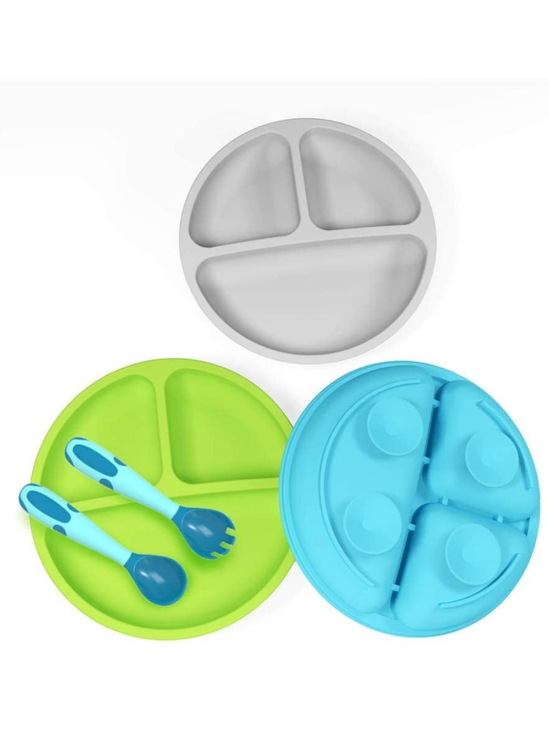 3 Pack Safe Silicone Baby Suction Plates, Toddler Divided Plate Set with Spoon Fork, Dishwasher and Microwave Safe Blue, Green, Gray - Image 1