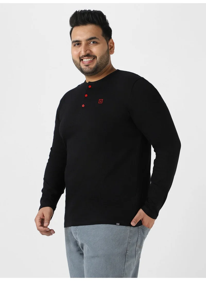 Urbano Fashion  Urbano Plus Men's Black Solid Henley Neck Regular Fit Full Sleeve Cotton T-Shirt  | Best Price UAE