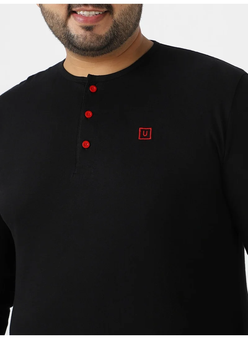 Urbano Fashion  Urbano Plus Men's Black Solid Henley Neck Regular Fit Full Sleeve Cotton T-Shirt  | Best Price UAE