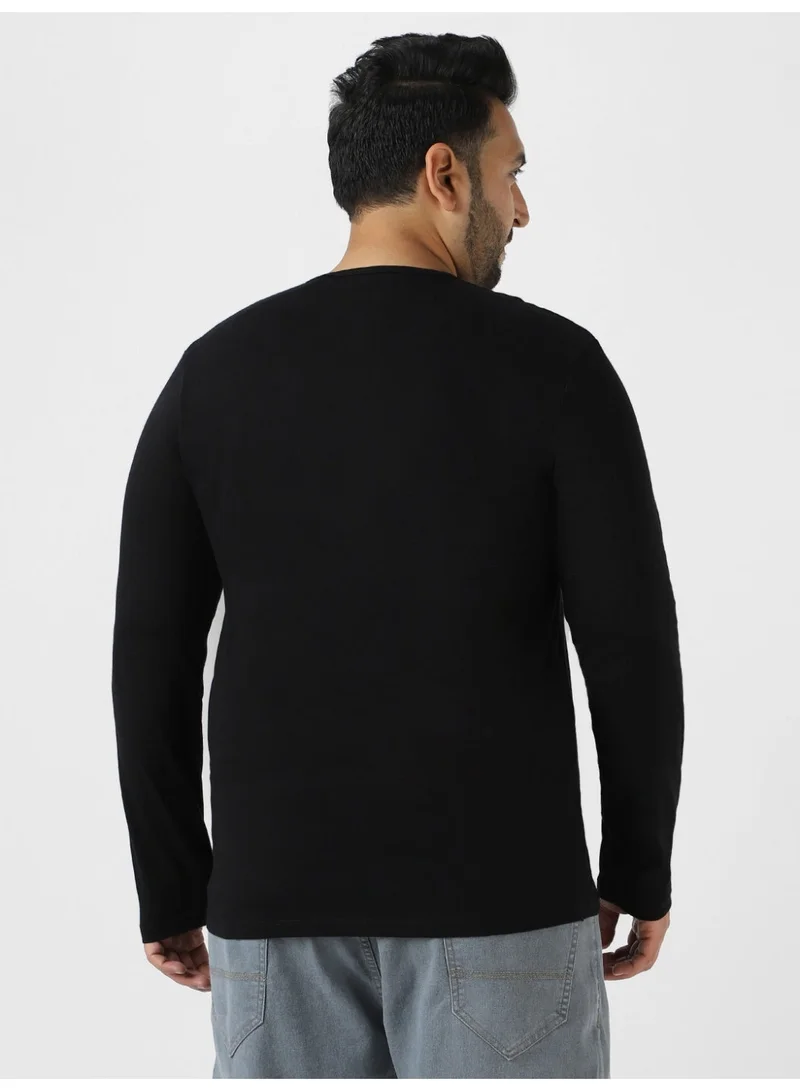 Urbano Fashion  Urbano Plus Men's Black Solid Henley Neck Regular Fit Full Sleeve Cotton T-Shirt  | Best Price UAE