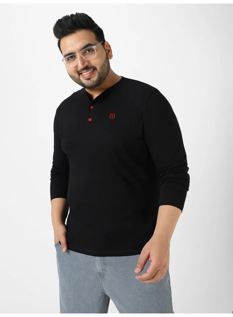 Urbano Plus Men's Black Solid Henley Neck Regular Fit Full Sleeve Cotton T-Shirt