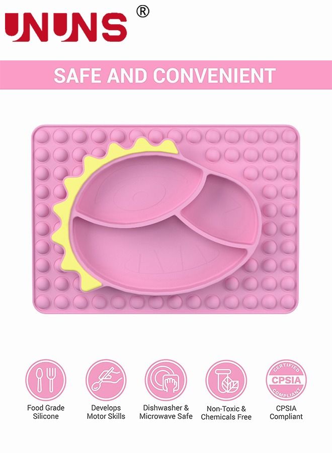 UNUNS 3-Piece Silicone Toddler Plates Set,Dinosaur Shape Dinner Plates For Baby With Stainless Steel Spoon And Fork,Bottom Suction Cup,Dividing Plate With Compressible Finger Blister,Pink  - Image 5